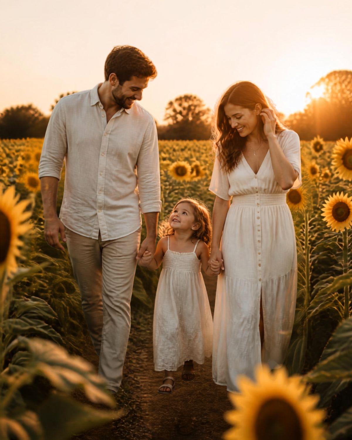 Family walking hand in hand through the sunflower field