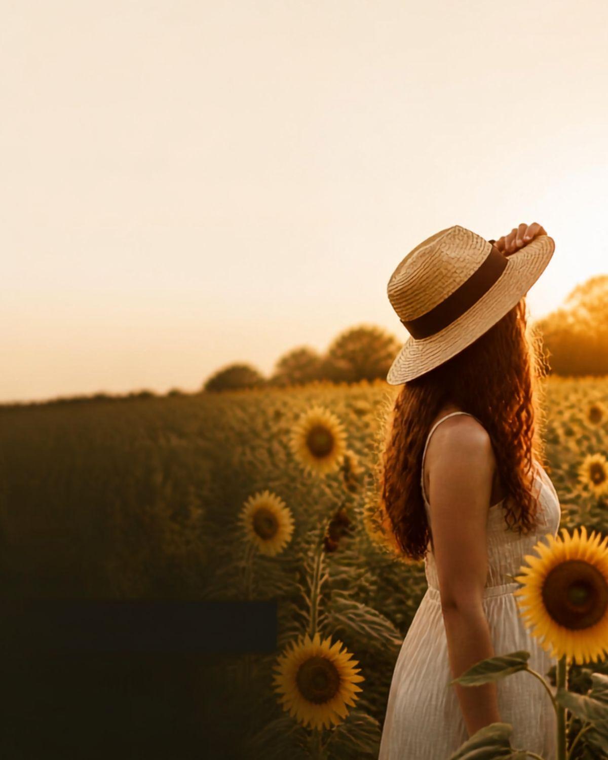 Individual portrait in the sunflower field at golden hour