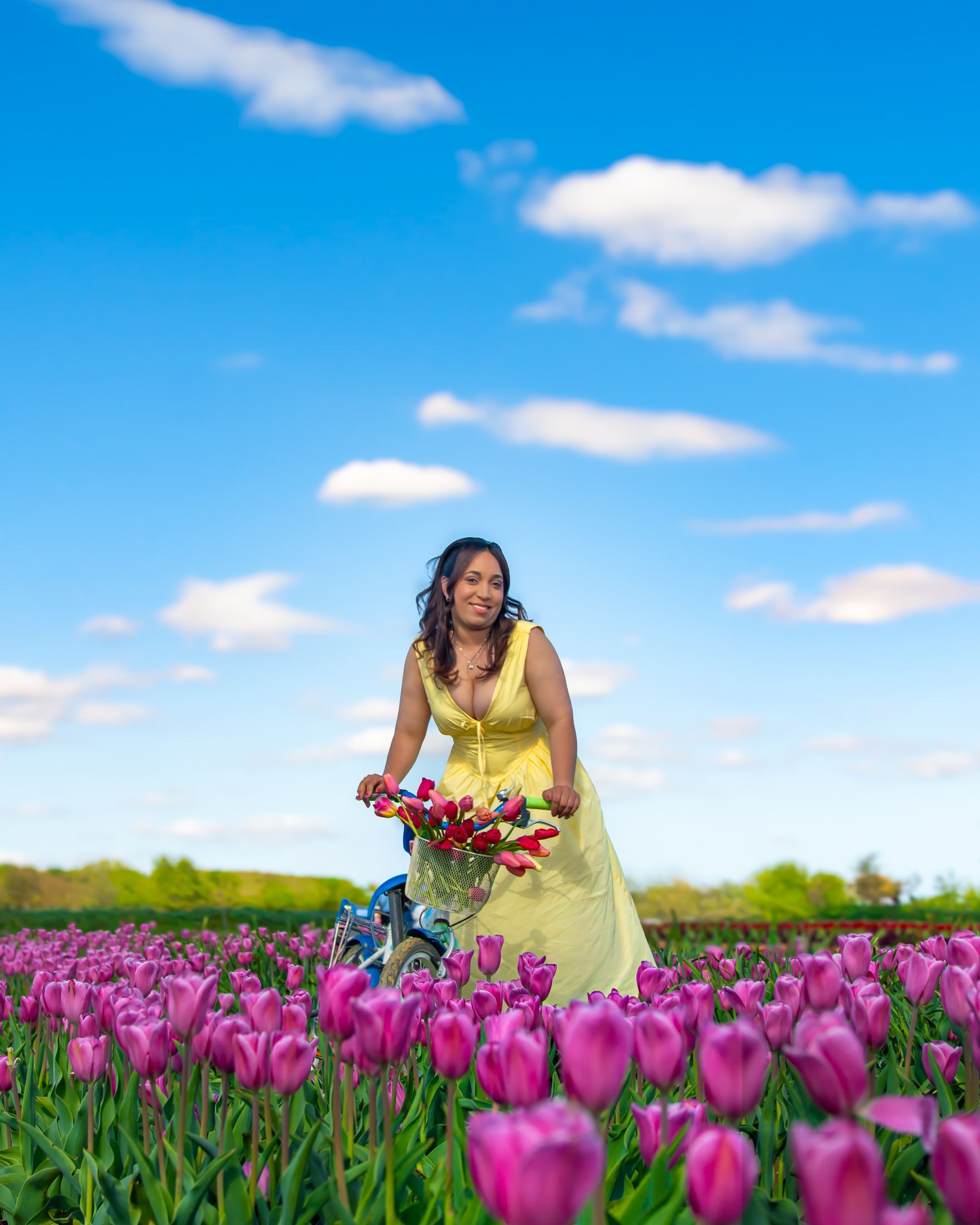 Portrait with bicycle among purple tulips